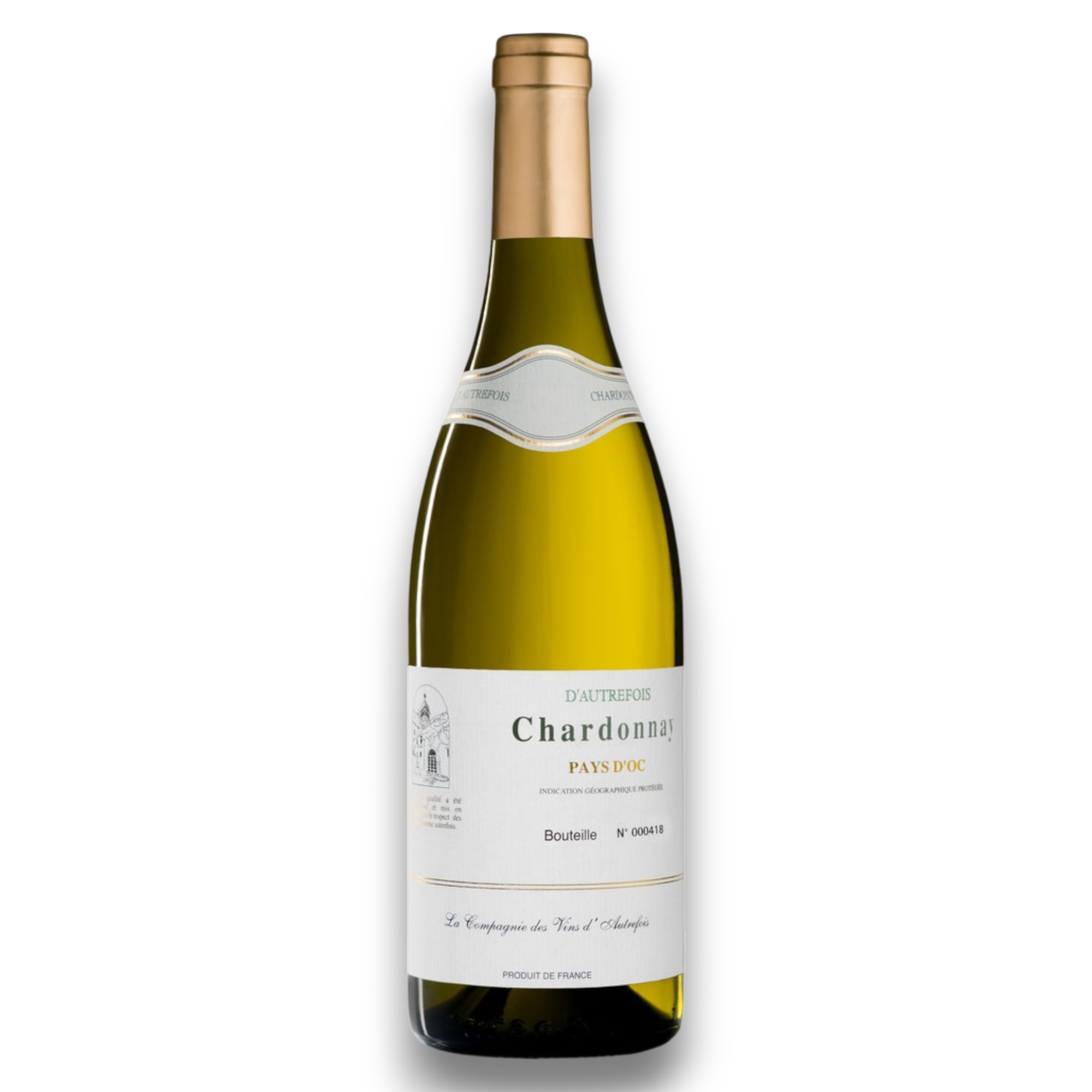 Botella de Chardonnay D'Autrefois, vino blanco de Chardonnay de Borgoña, Francia