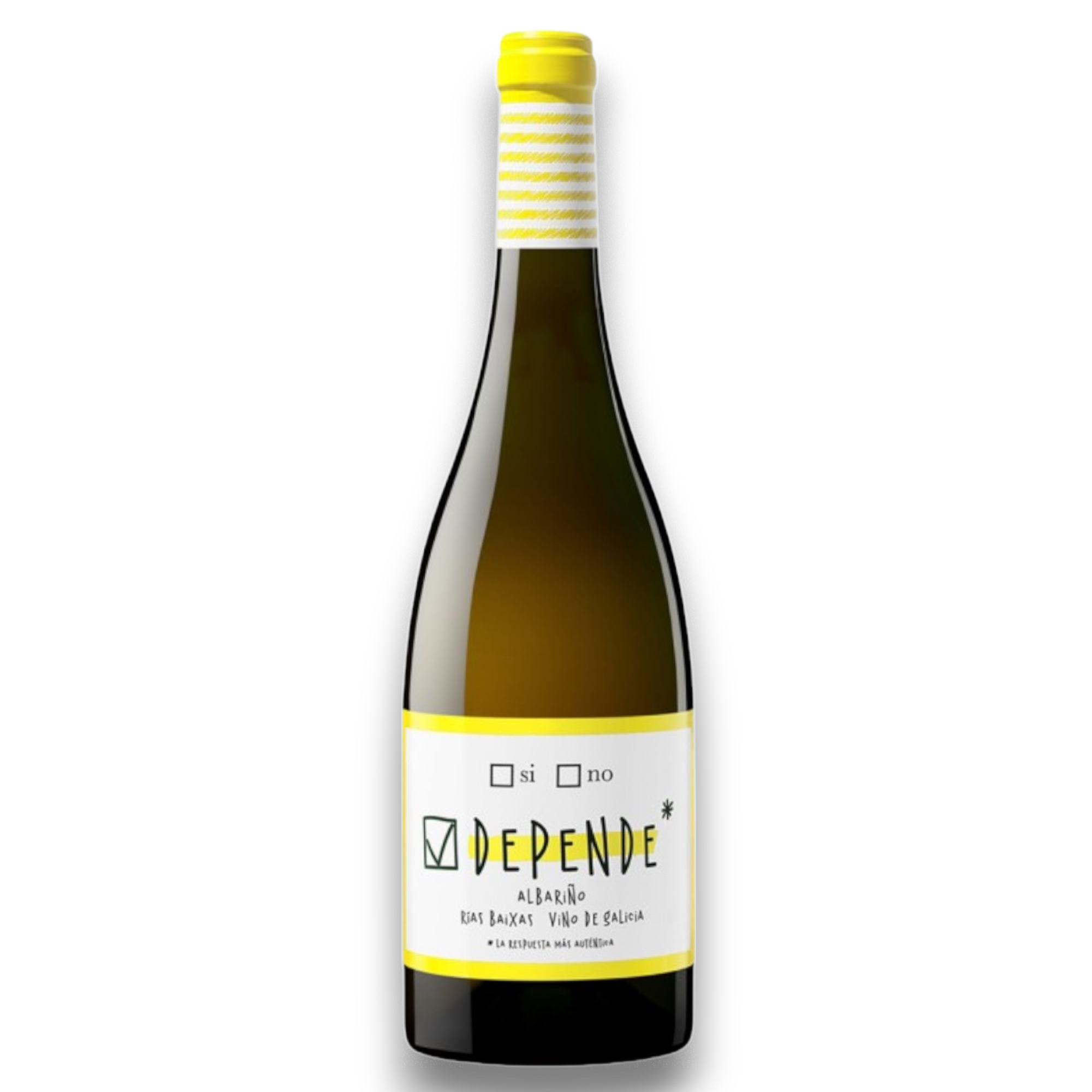 Botella de Depende Albariño Rías Baixas, vino blanco de Albariño de Galicia, España