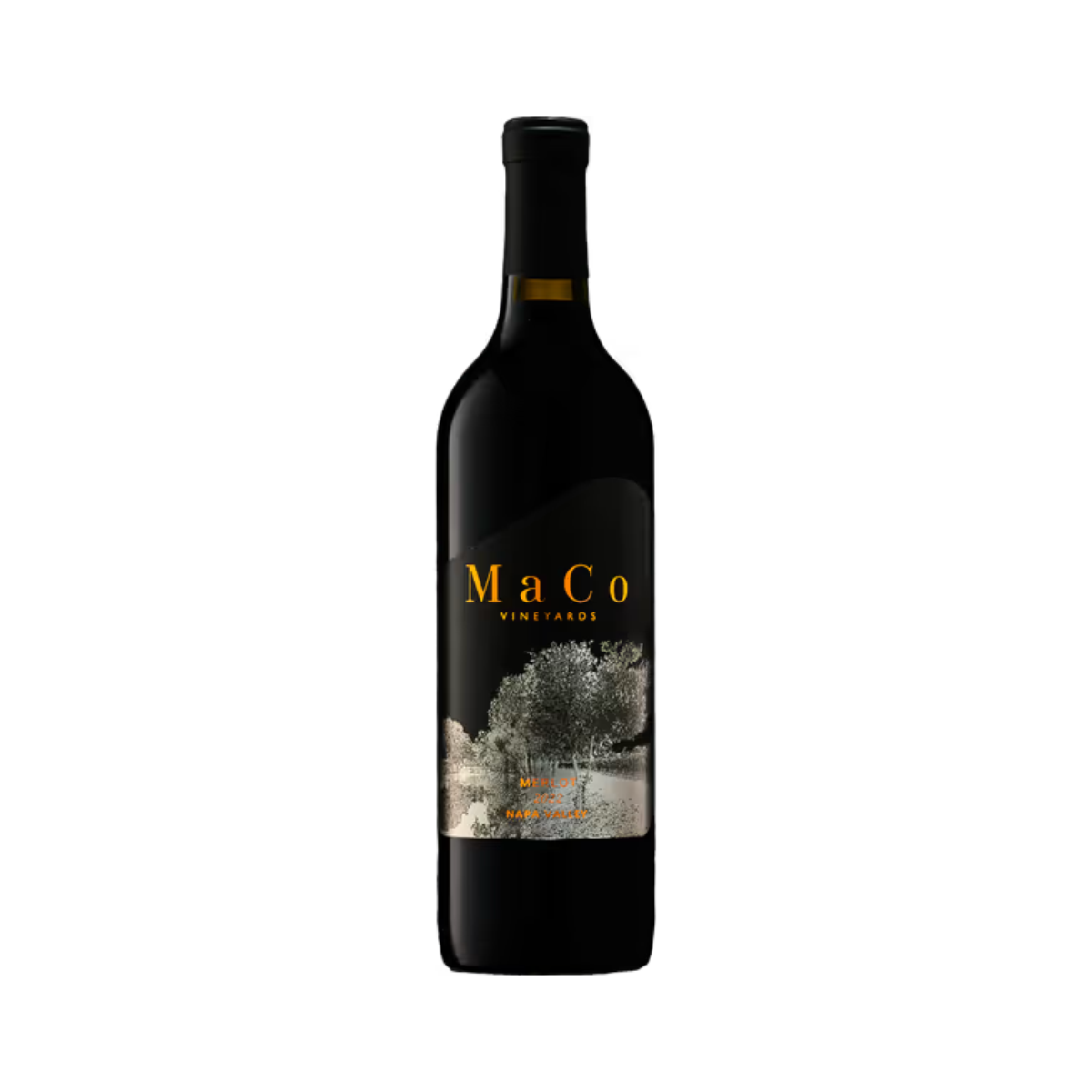 Botella de Maco Merlot, vino tinto de Merlot de Valle de Guadalupe, México