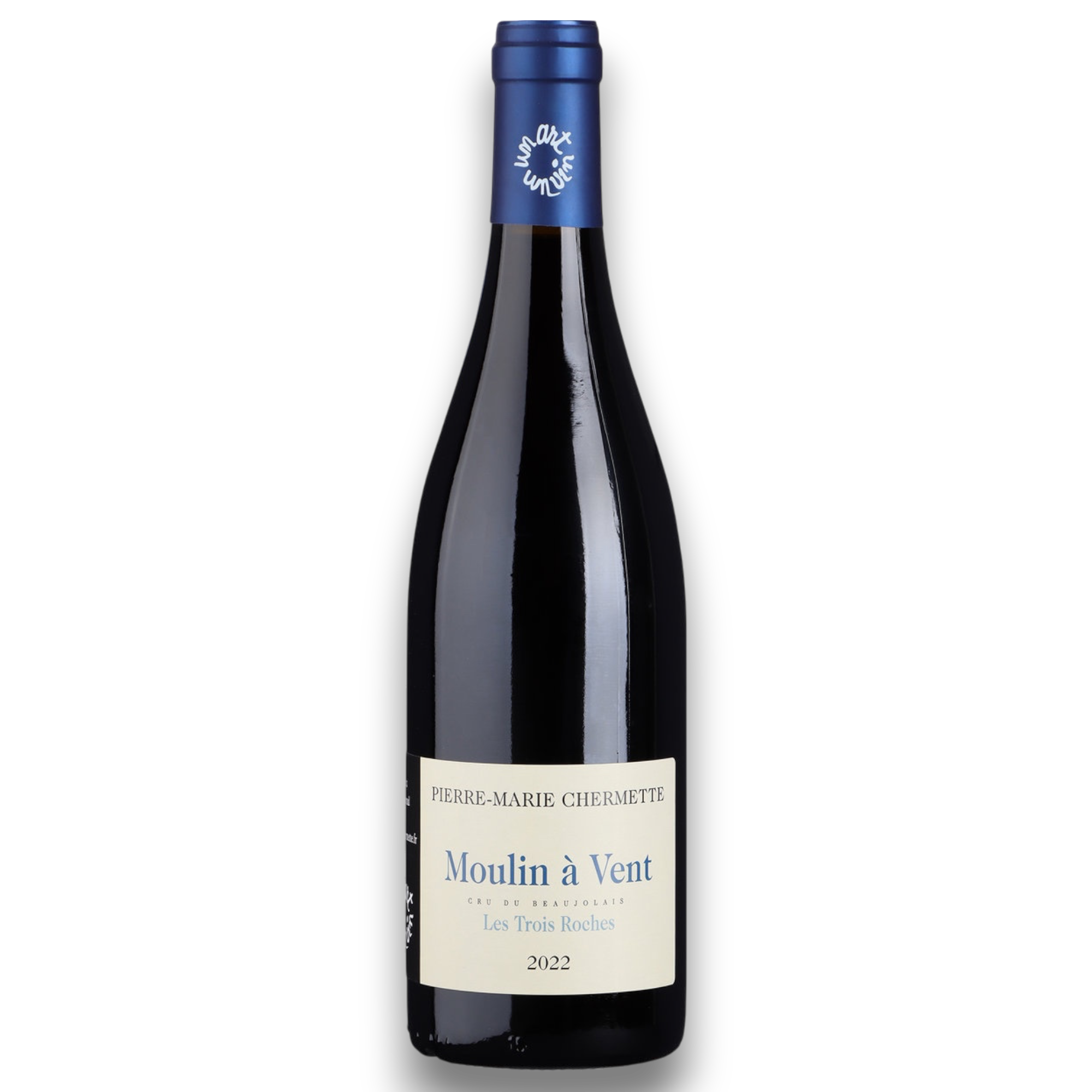 Botella de Le Trois Roches Moulin-À-Vent, vino tinto de Beaujolais, Francia