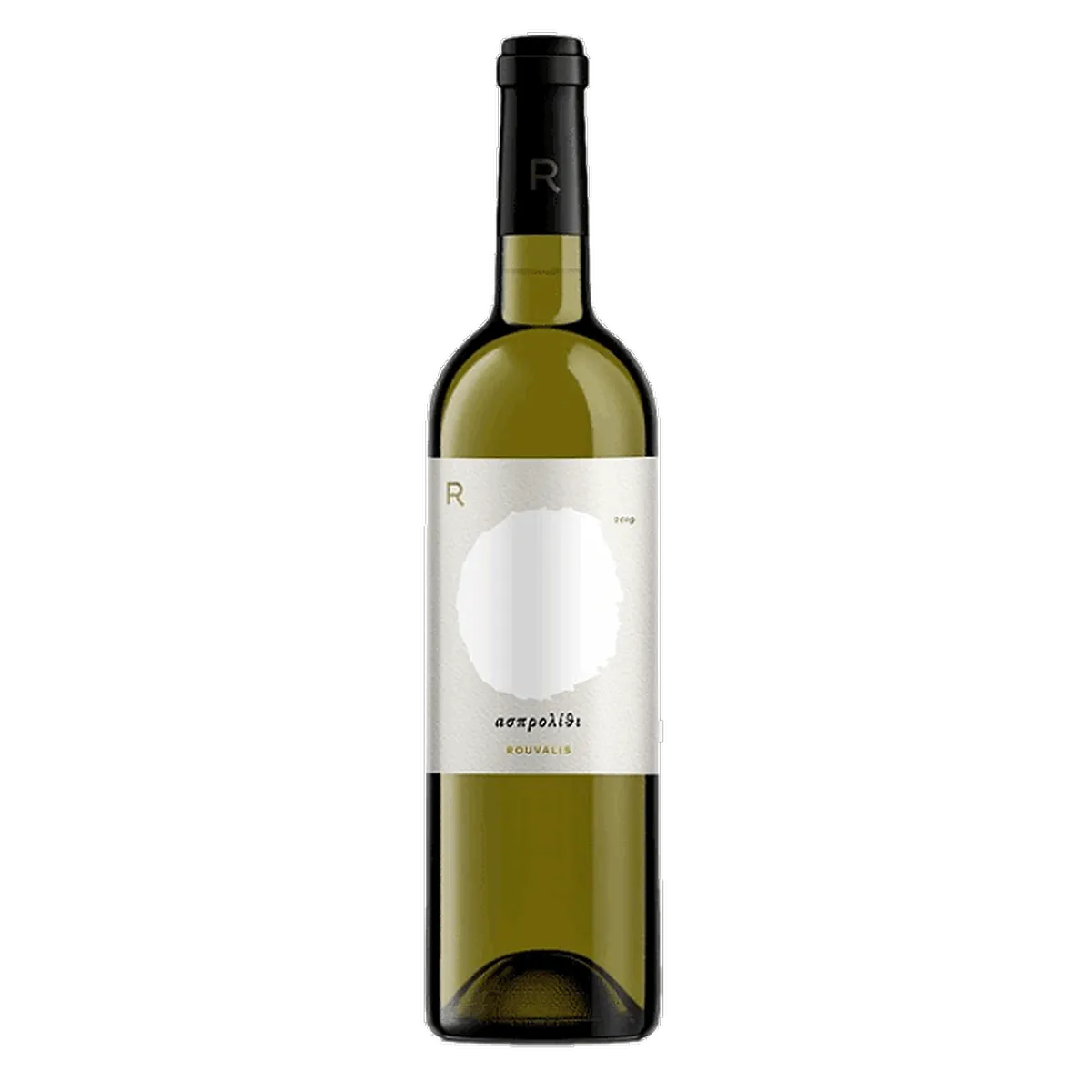Botella de Rouvalis Asprolithi, vino blanco de Grecia