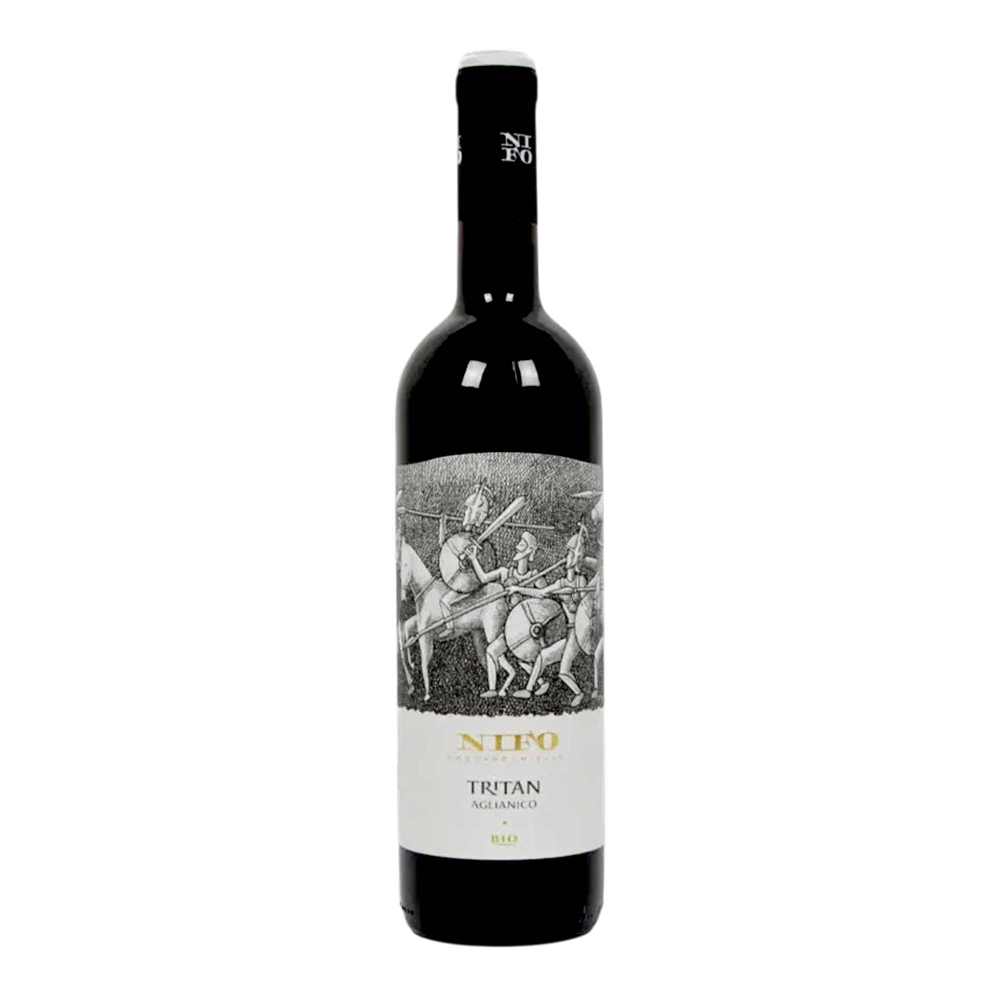 Botella de Aglianico Tritan, vino tinto de Italia